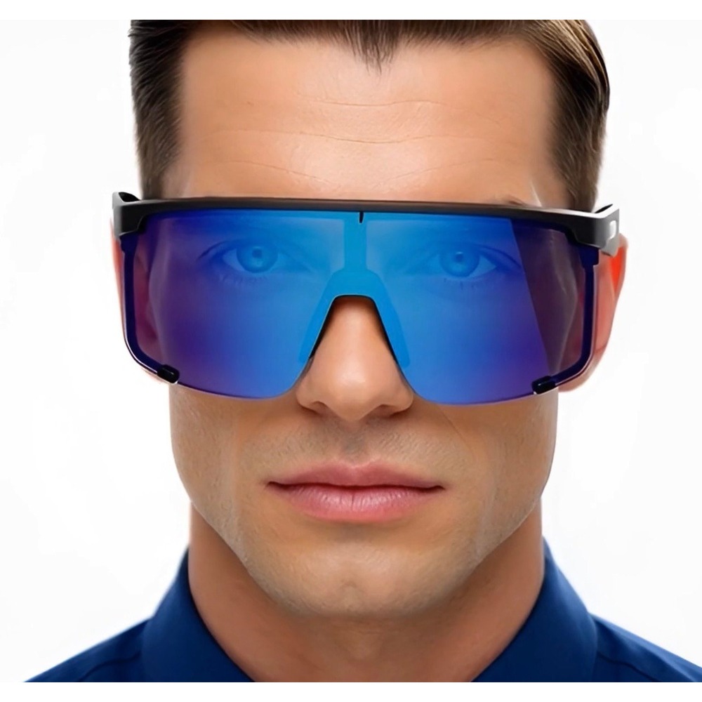 Oversized Flat Top‎ Mirrored Visor Mono Futuristic Unisex Sunglasses Blue Mirror